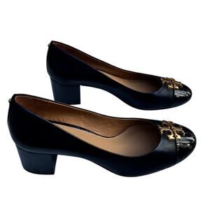 Tory Burch Black Leather w/ Patent Leather Cap-Toe Pumps Size 7.5 Logo